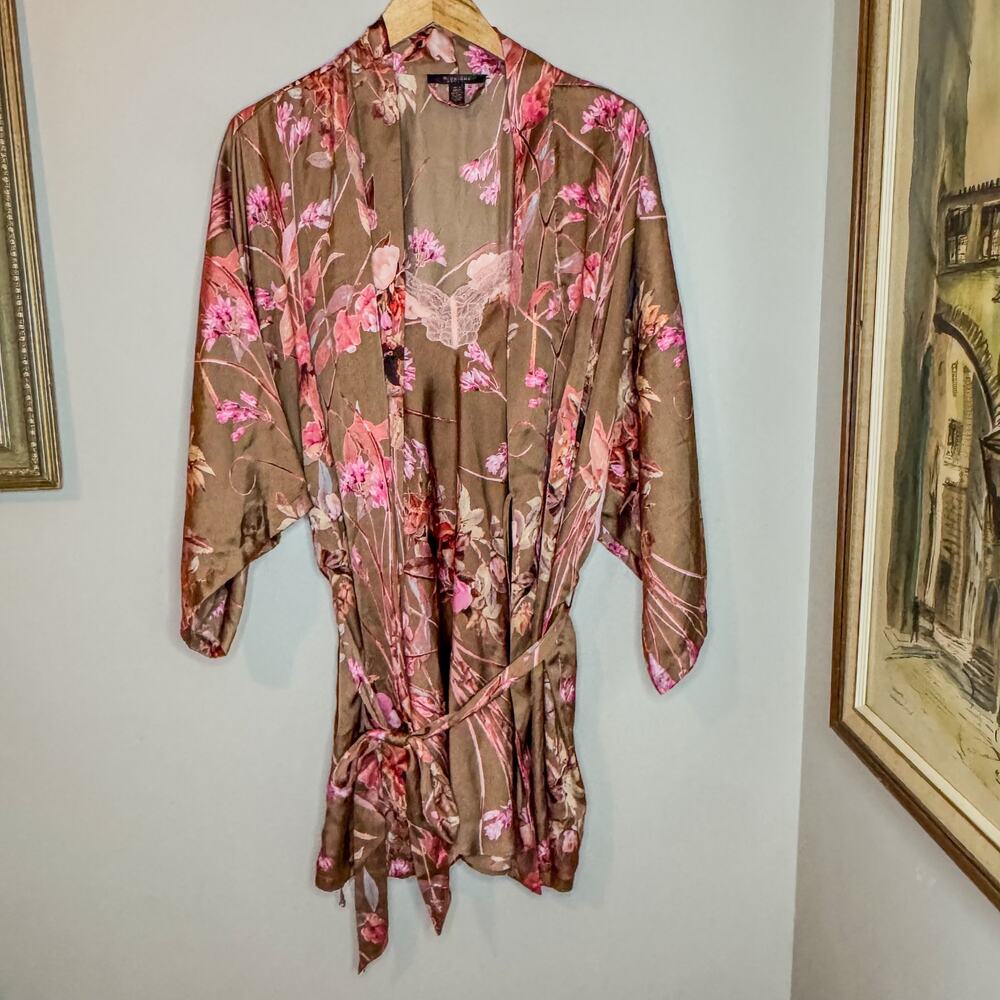Midnight Bakery Floral Satin Kimono Robe & Lace Trim Slip Dress Set Size L